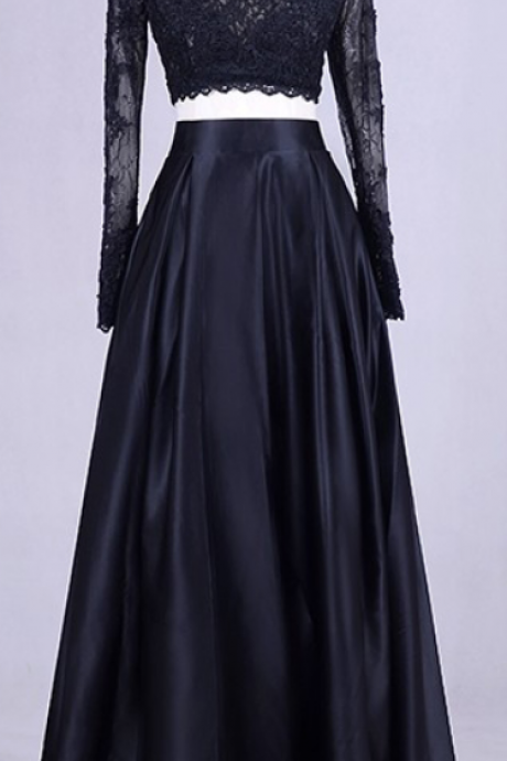 Two Piece Prom Dresses,party Dresses, Prom Dress For Teens,fashion Black Lace Long Sleeve Prom Dresses