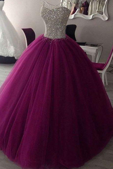Rosy Purple Tulle Sequins Sweetheart Ball Gown Dresses,graduation Dresses
