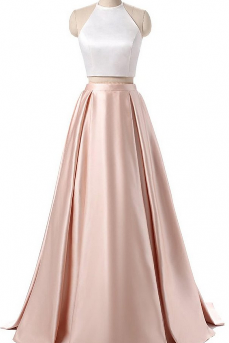 Elegant Satins Two Pieces Halter Simple Long Dress For Prom