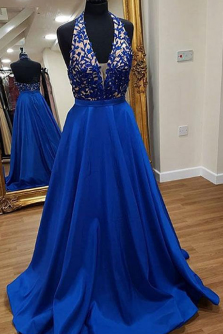 Stylish A-line Halter Royal Blue Long Prom Dress,halter Neck A Line Long Satin Royal Blue Sexy Evening Dress With Appliques,top Lace Halter Neck
