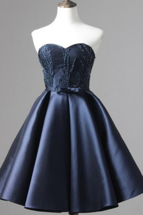 A Line Navy Homecoming Dresses Laced Up Sleeveless Beaded Sweetheart Neckline Above-knee Homecoming Dress