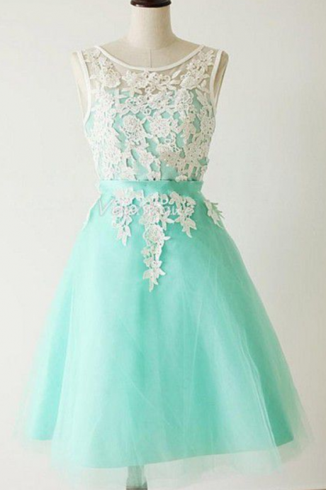 Homecoming Dresses Green Sleeveless Tulle Zipper-up Lace Knee-length Bateau A Line