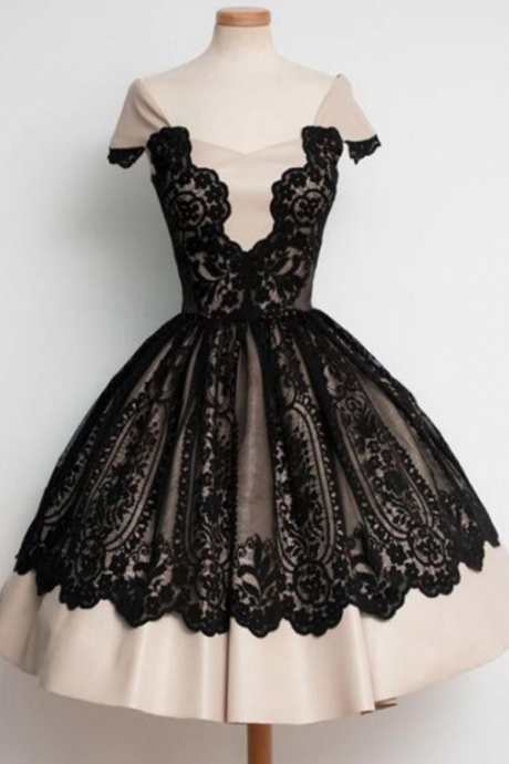 Homecoming Dresses Black Cap Sleeve Lace/satin Zipper-up Lace Above Knee Queen Anne Gown