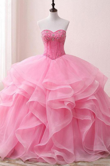 Charming Ball Gown Tulle Prom Dresses, Beaded Sweethart Neck Rullfes Quinceanera Dress Evening Dress