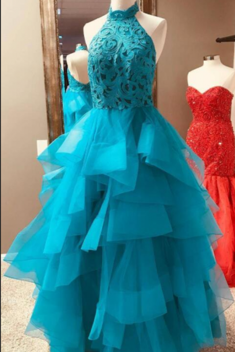 Charming Ruffles Tulle Prom Dress, Long Prom Dresses, Blue Formal Evening Dress