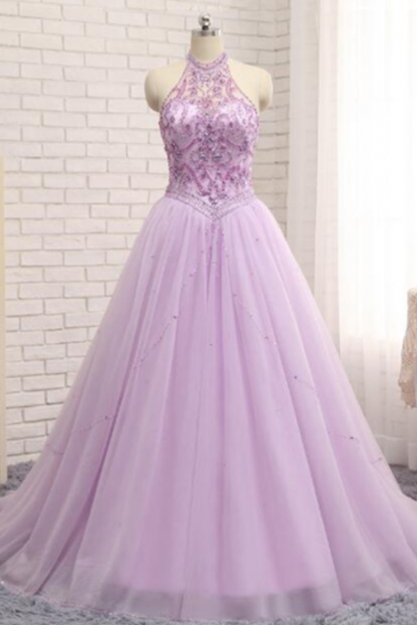Charming Purple Evening Dress, Elegant Beaded Tulle Evening Gowns, Long Prom Dresses