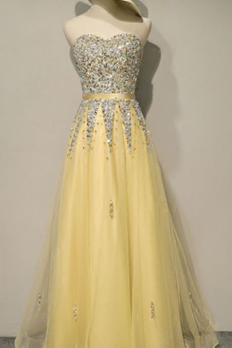 Brilliant Long Yellow Tulle Rhinestone Prom Dresses Featuring Sweetheart Neckline -- Sexy Lace-up Formal Dress, Party Dresses