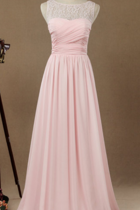 Sexy Pink Evening Dresses With Lace Bodice Sheer Neck Chiffon Prom Party Dress Robe De Soiree Formal Gowns