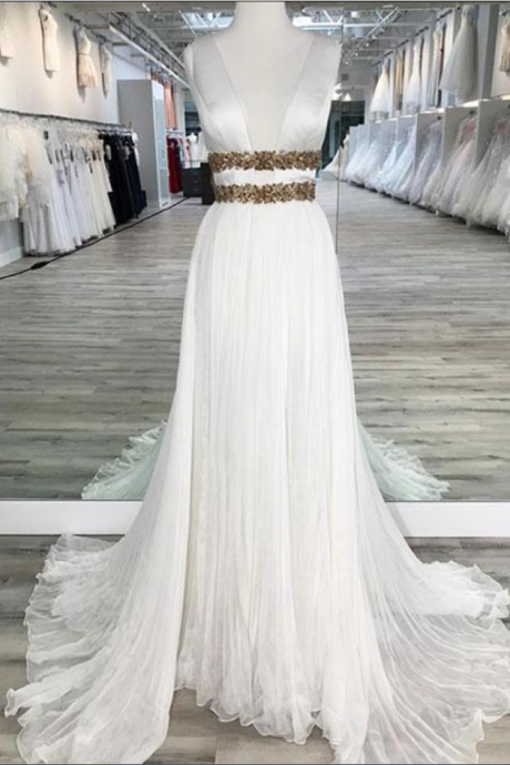 White V Neck Chiffon Long Prom Dress, Evening Dress