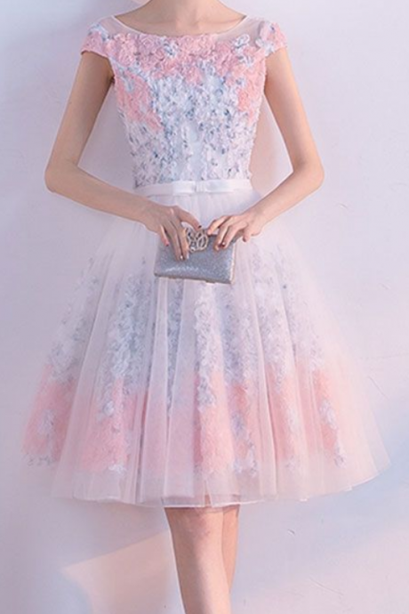 A Line Short Appliques Tulle Lace Round Neck Knee Length Pink Homecoming Dress