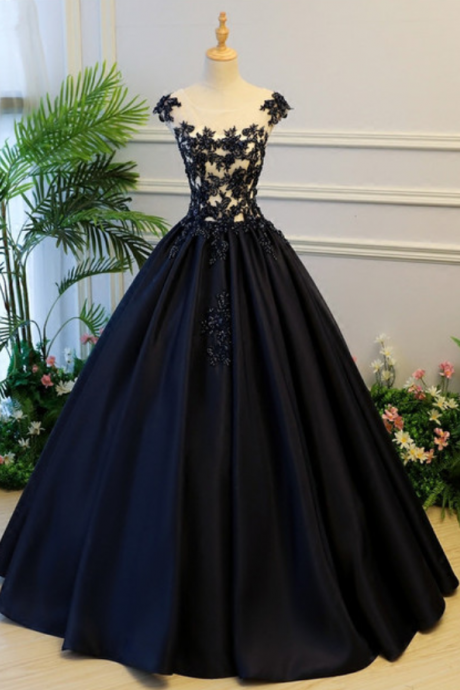  Generous Prom Dress,Ball Gown Prom Dress,Stain Prom Dress,Long Party Dress,A-Line Round Neck Cap Sleeves Prom Dress