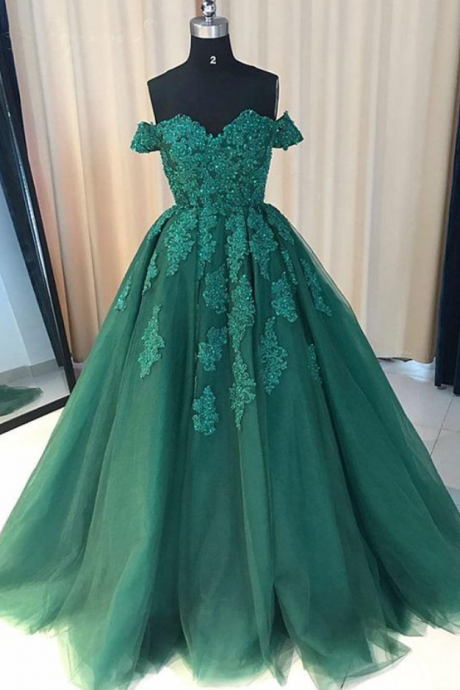 Off Shoulder Emerald Green Lace A Line Long Custom Evening Prom Dresses