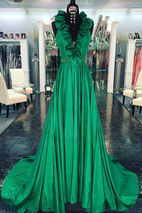  Ruffled Neck Sweep Train Prom Dresses Long,Green Evening Dresses,Evening Party Dresses,Formal Dresses,Satin Evening Gowns with Crystal Belt