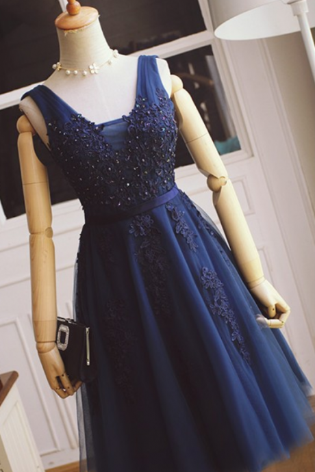 Short Navy Blue Lace Bridesmaid Dress,V-neckline Lace Prom Dress,Tulle and Lace Cocktail Dress,Formal Party Dress