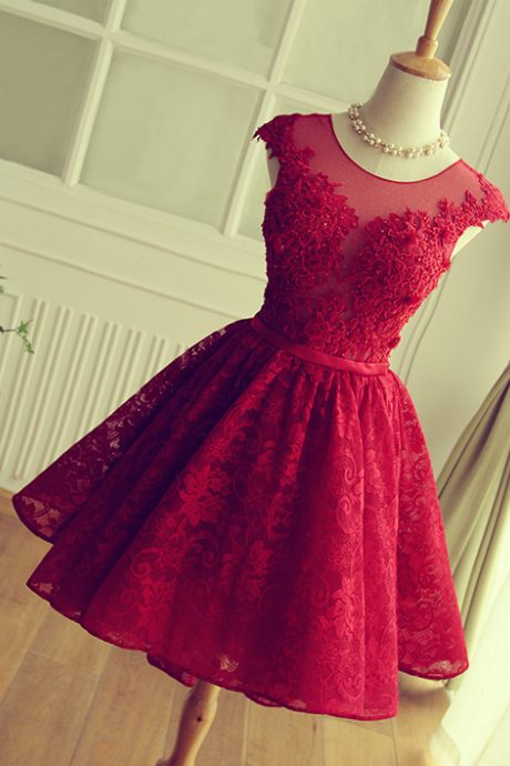 Keyhole Back Red Lace Bridesmaid Dress,short Lace Prom Dress,red Cocktail Dress,cap Sleeves Formal Party Dress