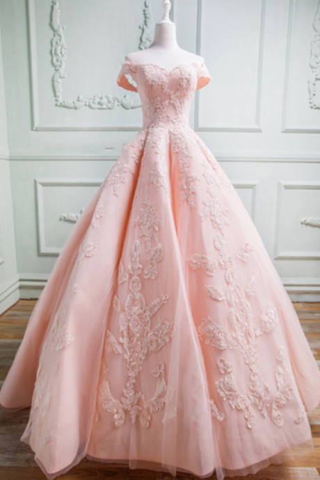  Spring pink tulle sweetheart neckline long off shoulder evening dress, long formal prom gown