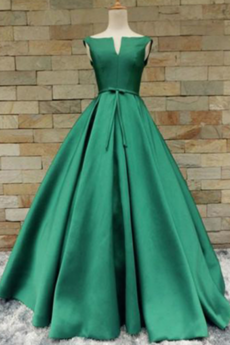 Green Satin Long V Neckline Senior Prom Dress With Bowkno