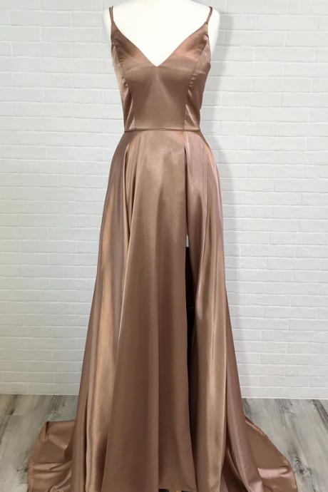 Long Bridesmaid Dresses With Spaghetti Straps,champagne Gold Bridesmaid Dresses Silk Satin,satin Prom Dresses With Sexy Side Slit