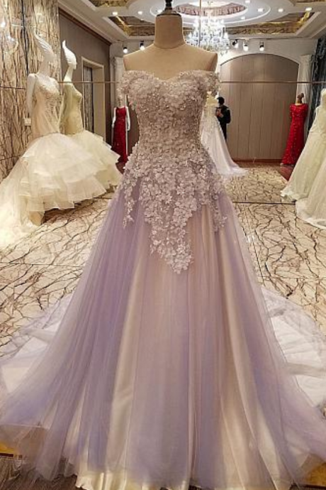 Charming Off Shoulder Prom Dress, Sexy Tulle Beaded Appliques Prom Dresses, Long Evening Dress, Formal Gown,formal Dresses