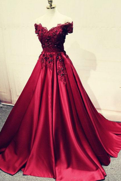 Burgundy Lace Off Shoulder Long Prom Dress, Lace Evening Dress