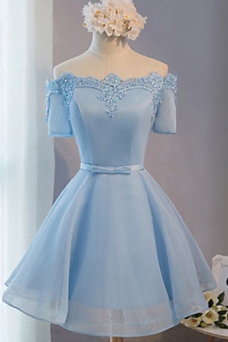 A-line/column Blue Homecoming Dresses Laced Up Short Sleeve Lace Off Shoulder Mini Homecoming Dress