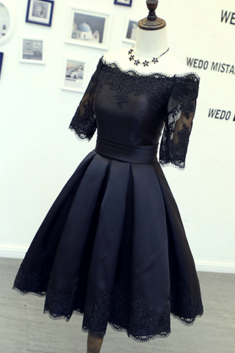 Short Black Prom Dress Homecoming Dress, 2018 Black Prom Dress with Half Sleeves, Little Black Dress