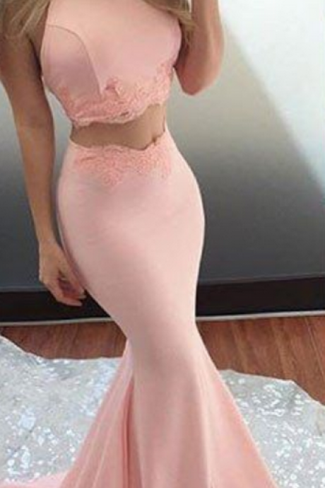 Sleeveless Prom Dress,Two Pieces Evening Dress,Long Prom Dresses,Sexy Prom Gowns ,Pink Sexy Mermaid Long Prom Dress,Pink Satin with Appliques