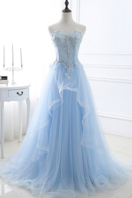 Elegant Blue A-line Prom Dress,Sweetheart Floor Length Prom Dresses,Tulle Applique Prom Dress,Beadng Evening Dress Prom Dresses