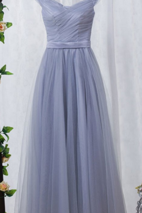 Gray Tulle Off Shoulder Long Prom Dress, Tulle Evening Dress