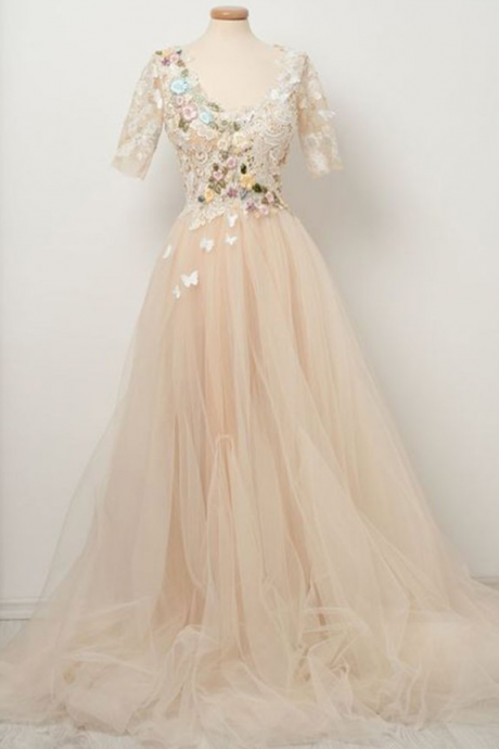 Light Champagne Tulle Lace Long Prom Dress, Tulle Evening Dress