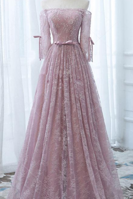 Pink Lace Long Prom Dress, Pink Lace Bridesmaid Dress