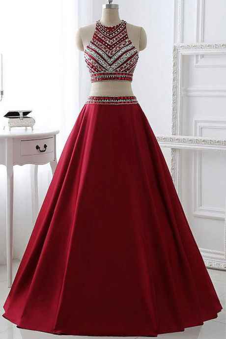 Two Piece Burgundy Long Satin Beaded Prom Dress Evening Gown
