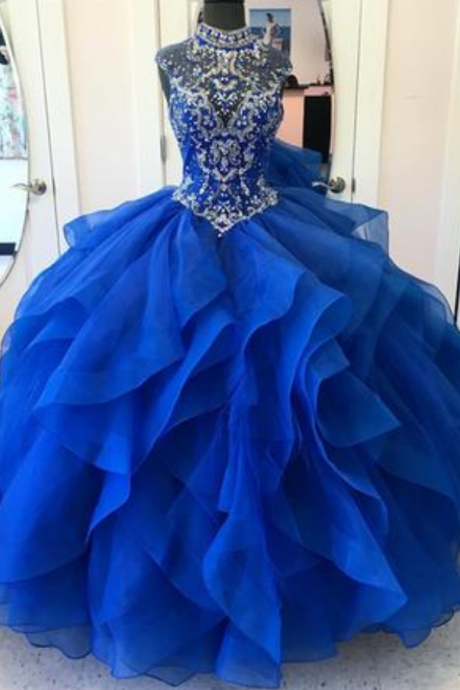 Elegant Tulle Royal Blue Crystal Beading Quinceanera Dress Ball Gown Prom Dresses