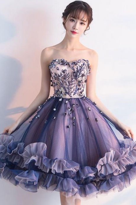 Purple Sweetheart Neck Tulle Lace Applique Short Prom Dress,custom Made,party Gown,evening Dress