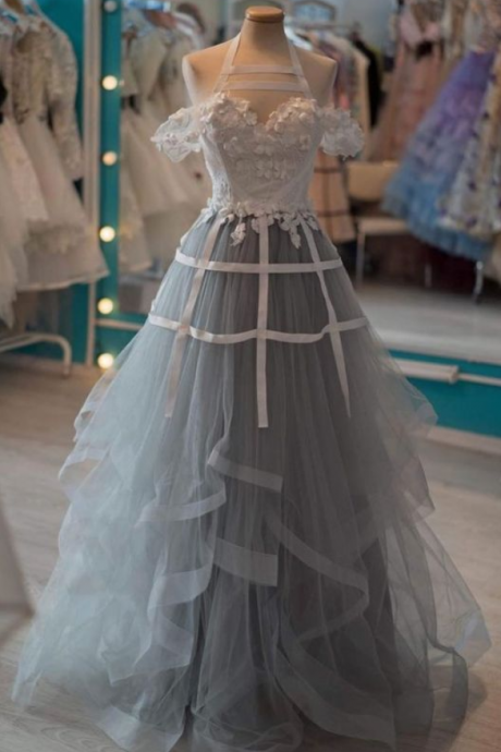 Unique Gray Tulle Lace Applique Long Prom Dress, Gray Tulle Evening Dress