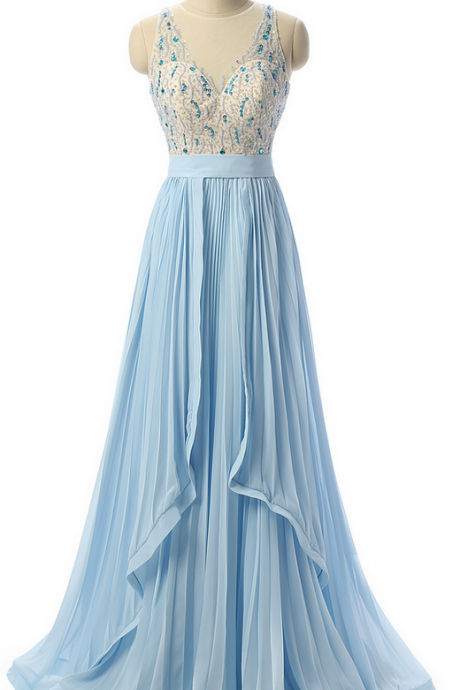 Sky Blue Prom Dresses,Beaded Prom Dress,Formal Women Evening Dresses,Party Dress