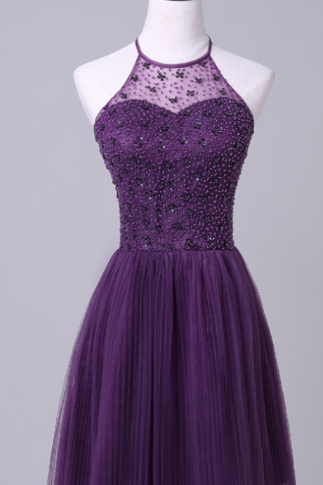 Homecoming Dresses,purple Halterneck Short Homecoming Dress With Beaded Embellishment
