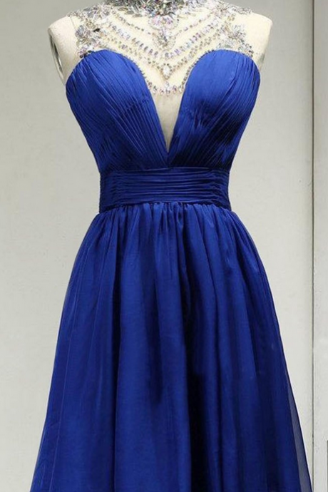 Homecoming Dresses,high Neck Homecoming Dresses,short Royal Blue Homecoming Gowns,chiffon Homcoming Dress With Beading Ruched,a-line Homecoming