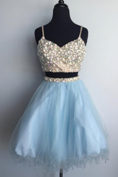 Cheap homecoming dresses,Sexy Prom Gown,Spaghetti Straps Prom Dress,Two Piece Homecoming Dress,Tulle Party Dress