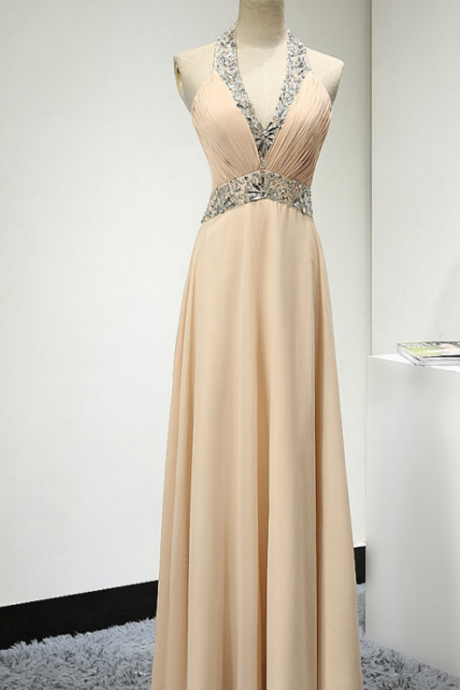 Halter Plunging V Beaded Ruched Chiffon A-line Floor-length Prom Dress, Evening Dress