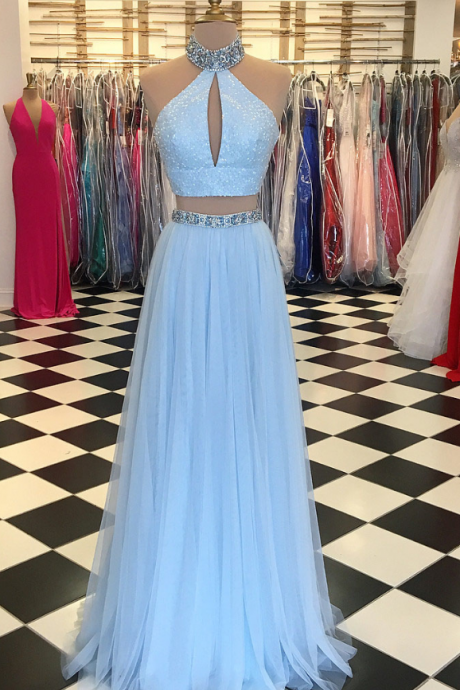 Light Blue Beaded Prom Dress,high Neck Two Piece Prom Dresses,split Formal Dress