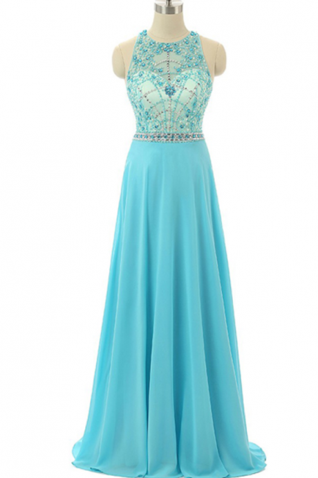 A-line Scoop Neck Chiffon Tulle Floor-length Beading Sequins Inexpensive Tea Long Prom Dresses