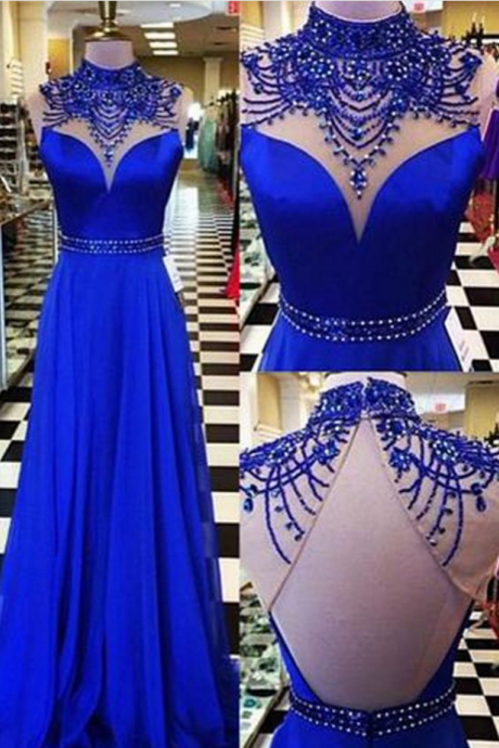 Fabulous Royal Blue High Neck Long Prom Dress,party Dress With Open Back