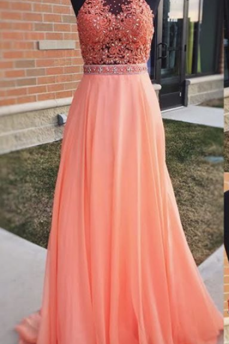 Coral Prom Dresses Long,prom Dresses ,high Neck Lace Applique Beads Prom Dresses,prom Gowns,sexy Prom Dresses