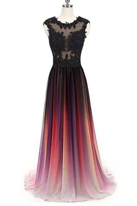 Cap Sleeves See Through Chiffon Ombre Long Evening Prom Dresses, Sweet 16 Dresses