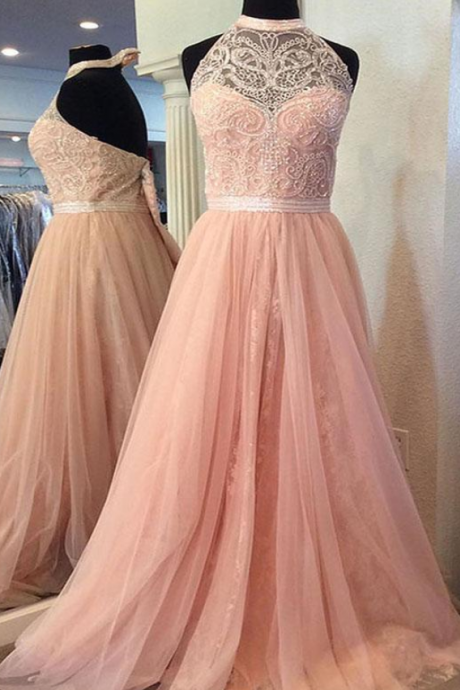 Blush Pink Halter Lace Beaded Long Custom Evening Prom Dresses