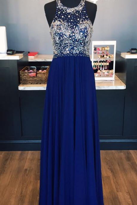 Navy Blue Beaded Prom Dresses Party Dresses Formal Dresses With Keyhole Back