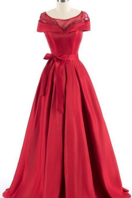 Red Satin A--line Long Prom Dress , Cute Party Dress, Satin Formal Gown
