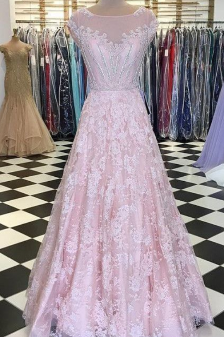 A-line Blush Pink Lace Long Prom Dresses Cap Sleeve Beautiful Evening Dresses