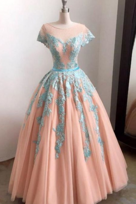Blush Pink Cap Sleeves Prom Dresses,lace Appliques Evening Dresses